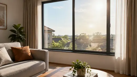 Jendela besar di belakang sofa ruang tamu