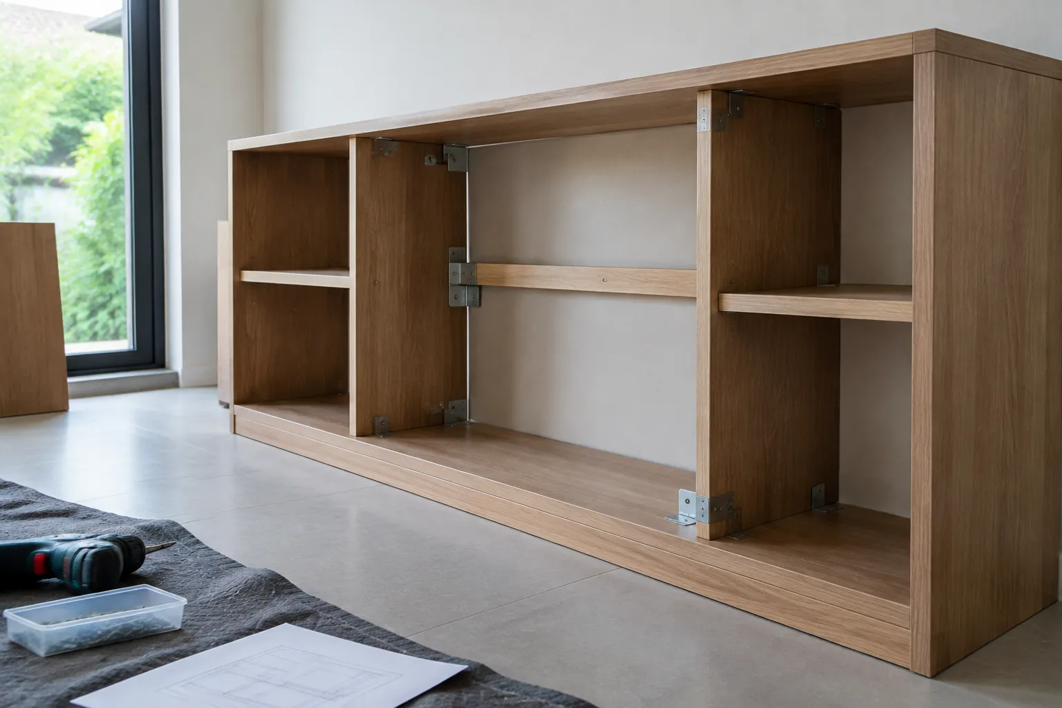 Kabinet furnitur yang belum ditutup dengan komponen dalam terlihat