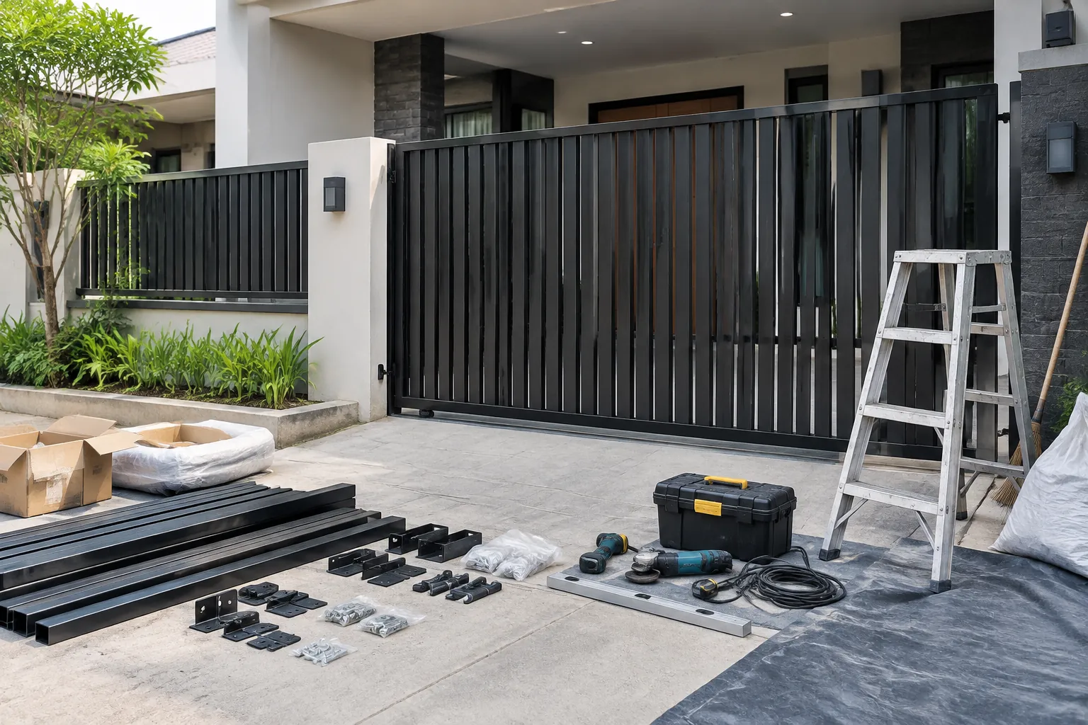 Material pagar dan alat kerja diletakkan di depan gerbang rumah