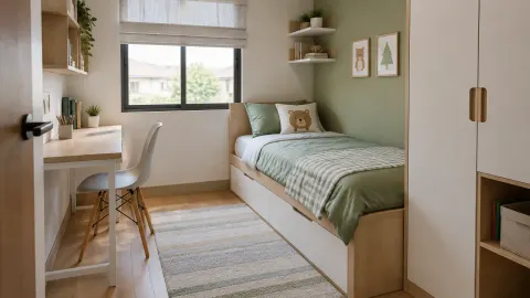 Kamar anak kecil dengan tempat tidur dan meja dekat jendela