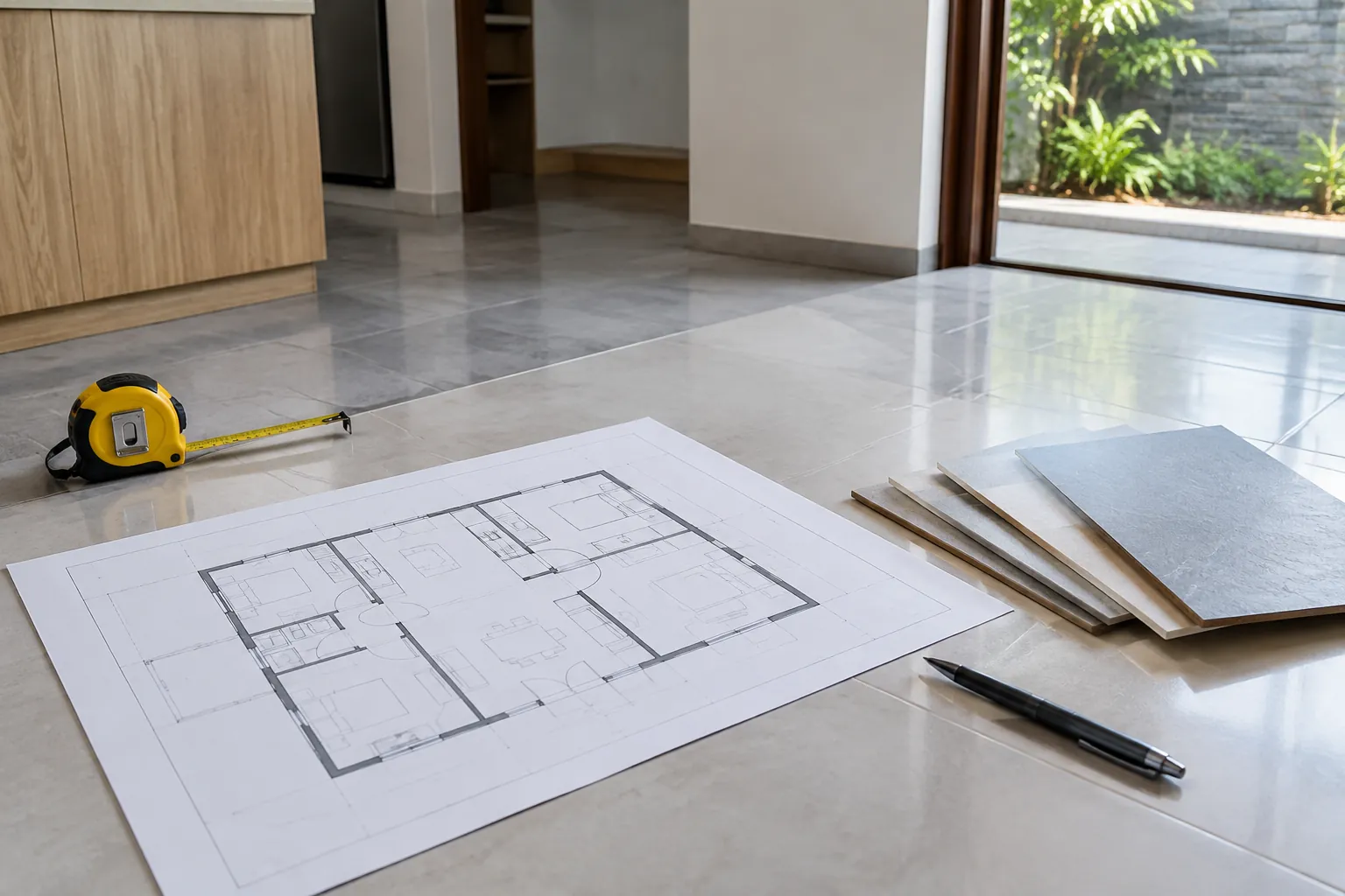Gambar denah dan alat ukur di atas lantai rumah