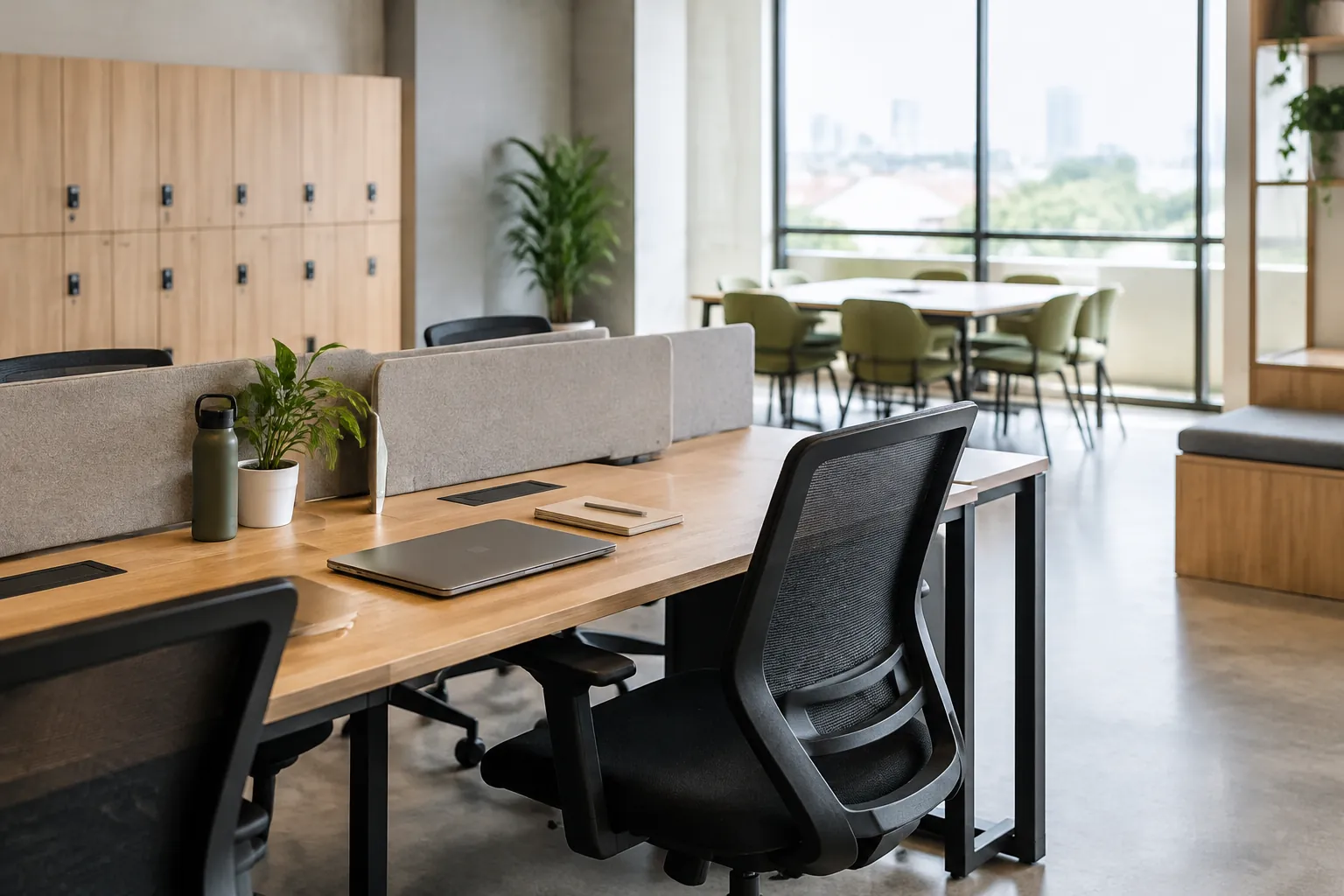 Meja coworking dengan sekat rendah dekat jendela