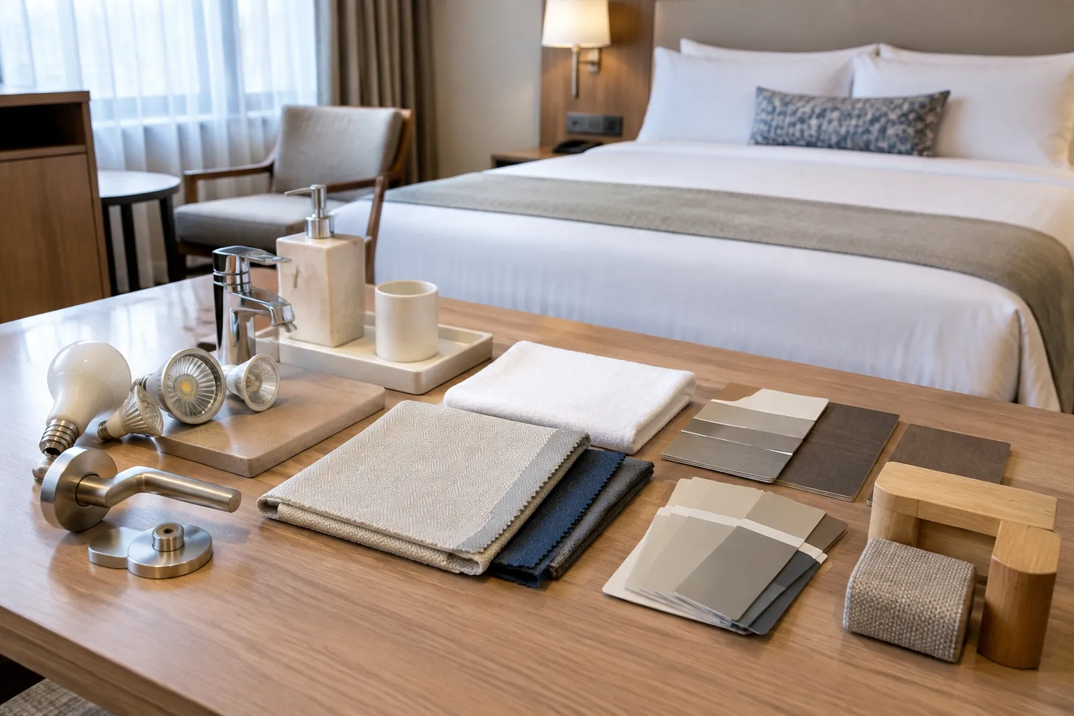 Sampel material dan perlengkapan kamar hotel ditata di atas meja