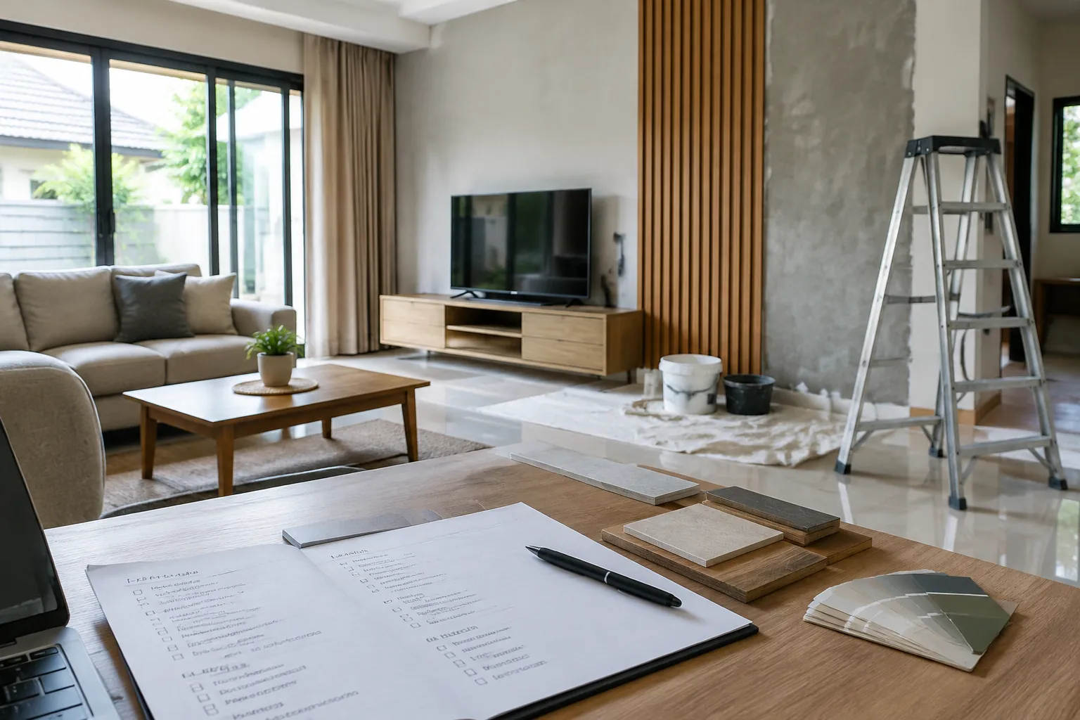 Ruang keluarga dengan tangga kerja dan contoh material
