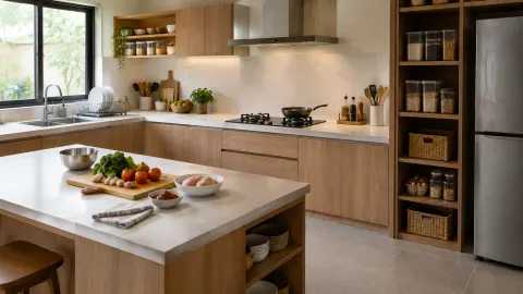 Dapur dengan meja persiapan tengah, kompor, dan penyimpanan terbuka