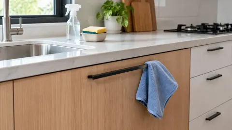 Permukaan kitchen set dan wastafel yang sedang dibersihkan