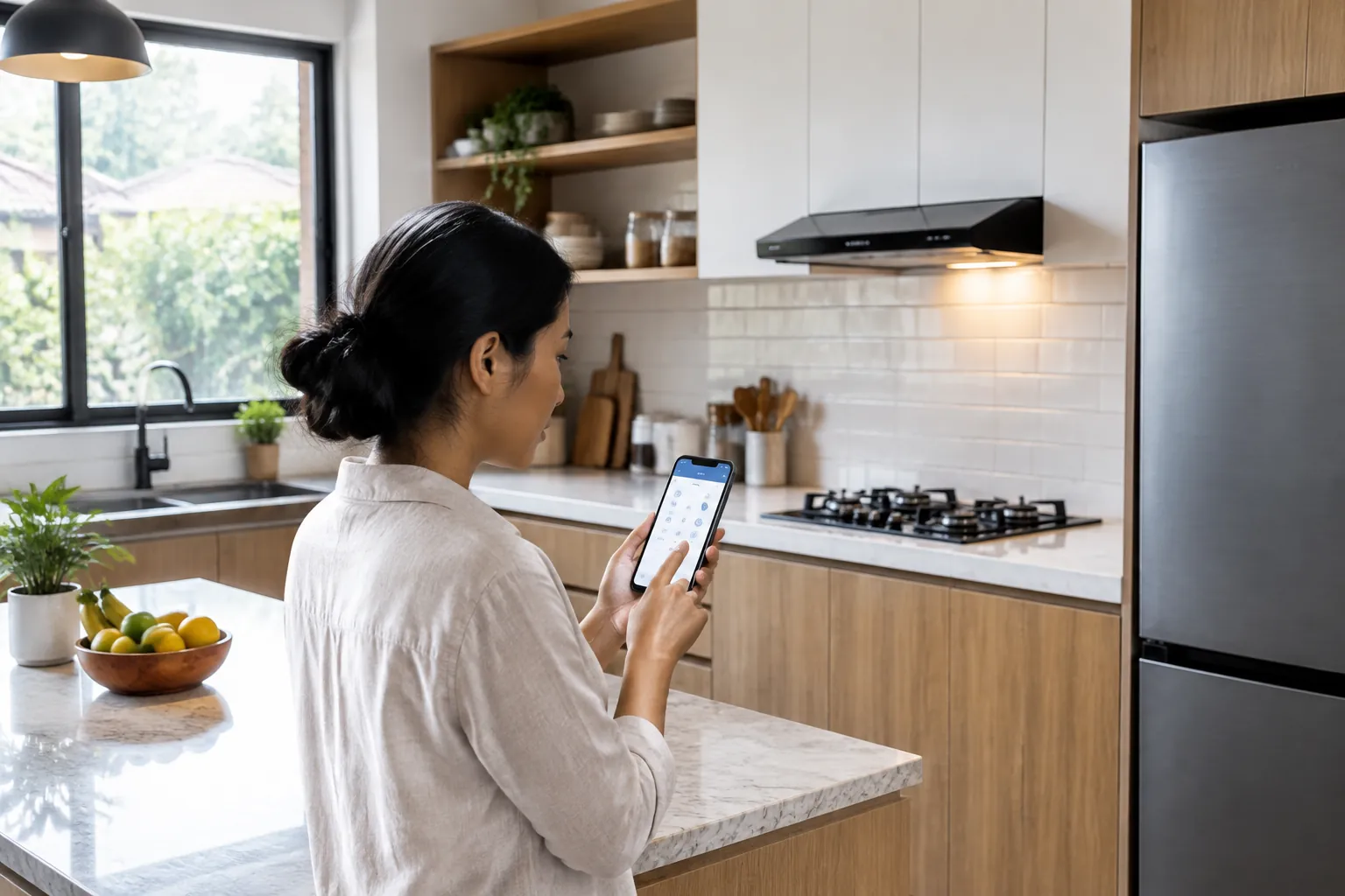 Pengguna memegang telepon di depan perangkat dapur