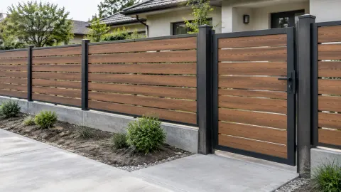 Pagar panel kayu dalam rangka logam di depan rumah