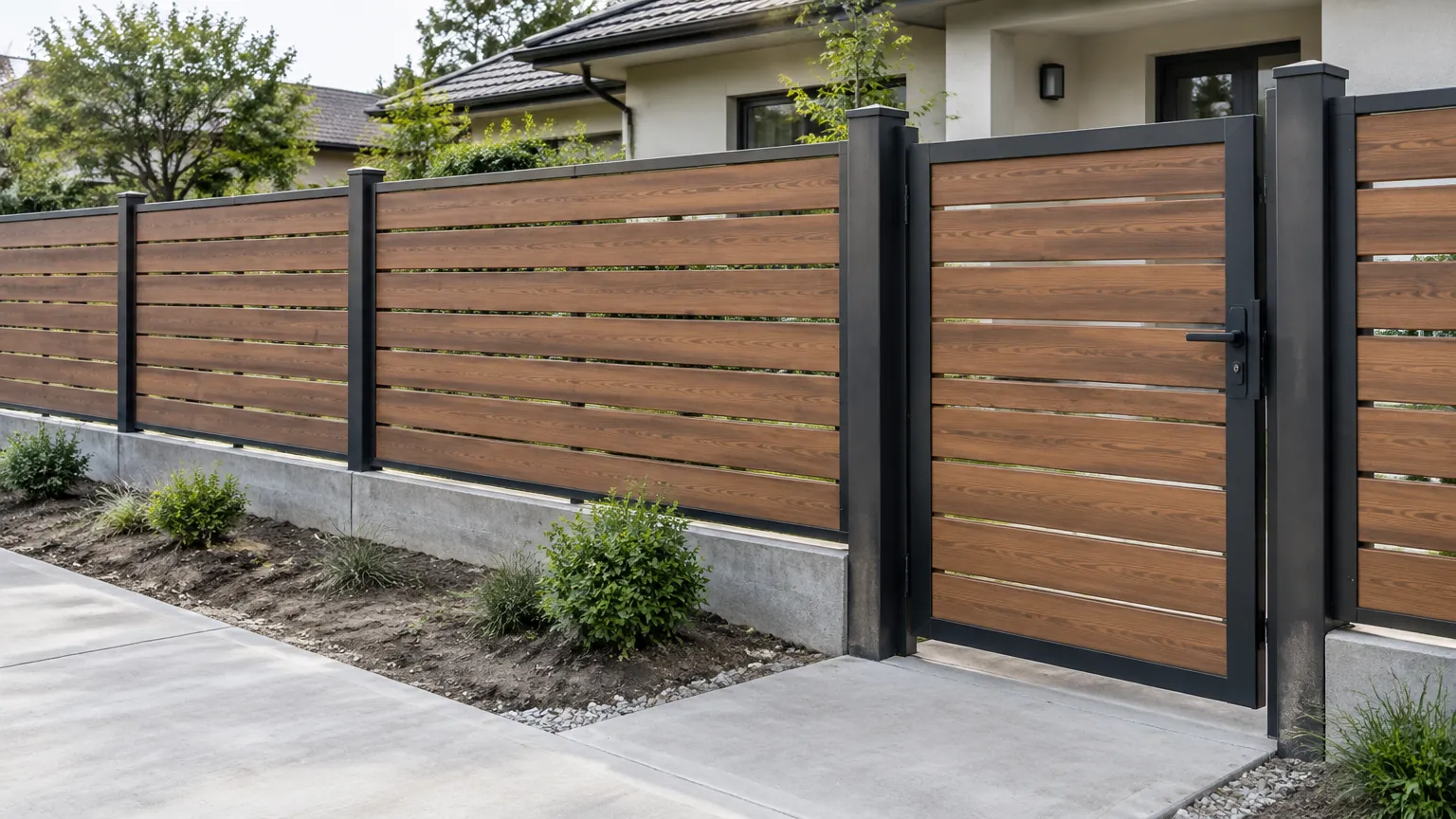Pagar panel kayu dalam rangka logam di depan rumah