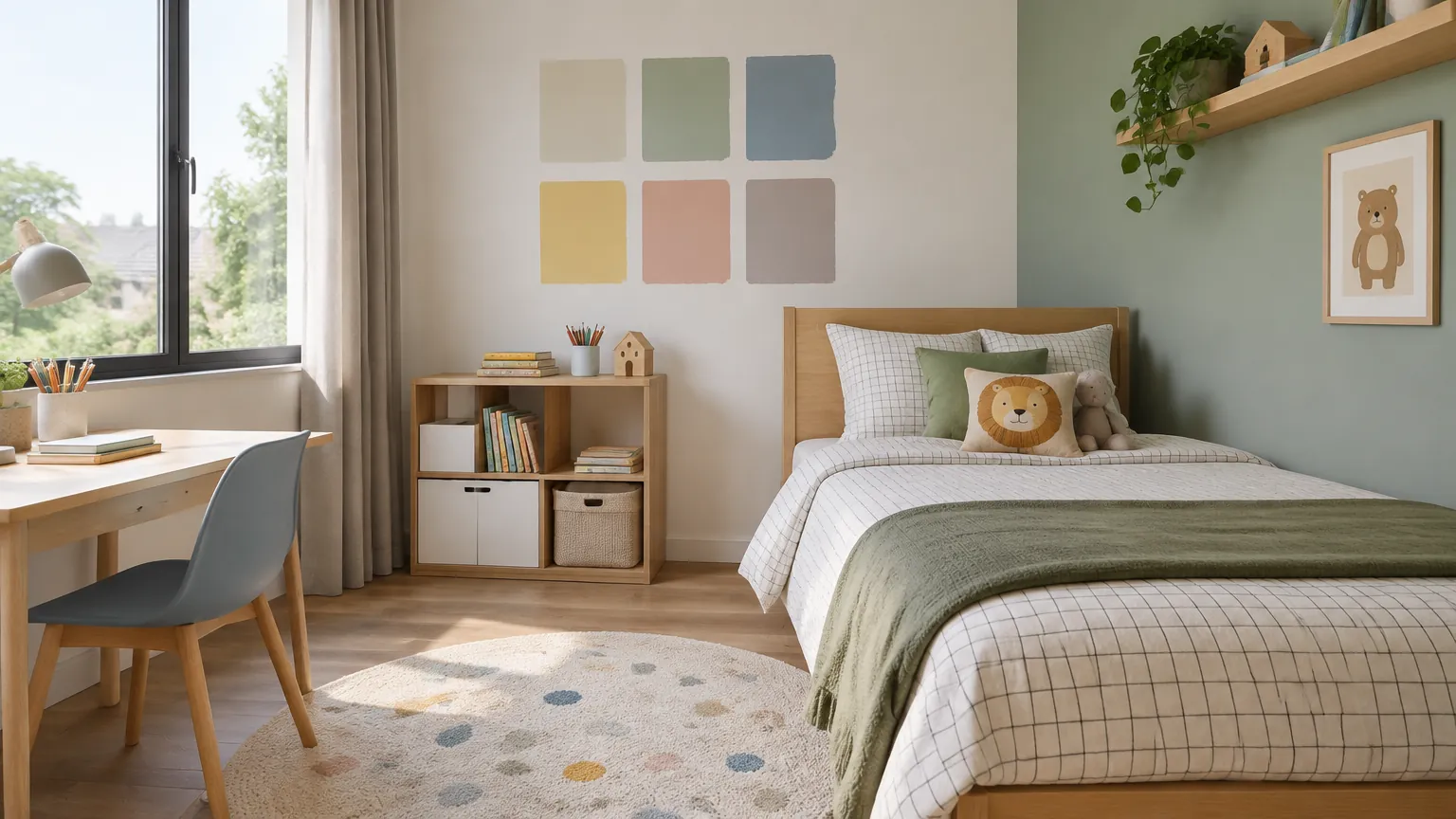 Kamar anak dengan tempat tidur hijau dan contoh warna di dinding