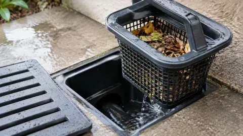 Keranjang penyaring daun di dalam saluran drainase