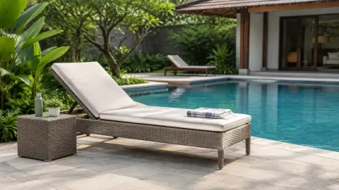 Kursi santai di atas dek samping kolam