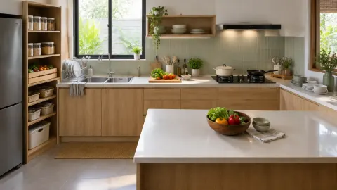 Dapur dengan area memasak, wastafel, dan meja tengah