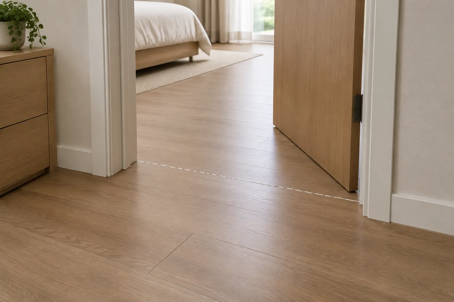 Papan lantai menerus dari kamar menuju ruang lain