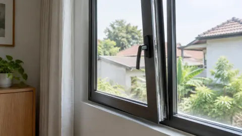 Jendela terbuka sebagian dengan gagang hitam