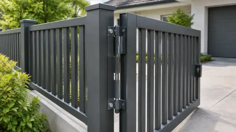 Engsel gerbang logam pada tiang pagar