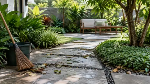 Jalur pijak taman dengan daun yang gugur