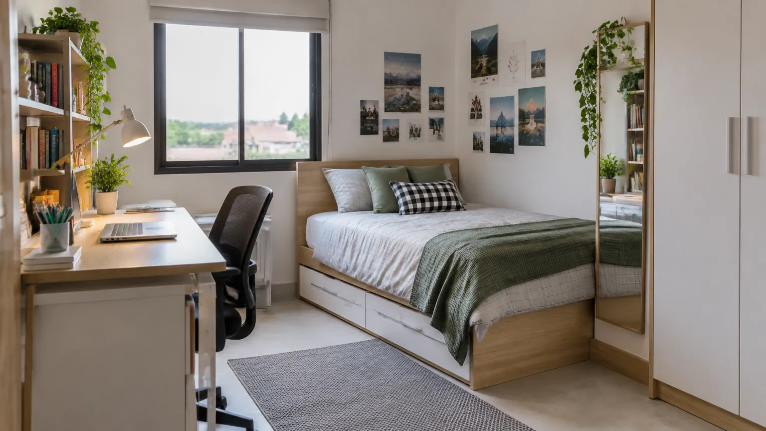 Kamar remaja dengan meja belajar, tempat tidur, dan lemari