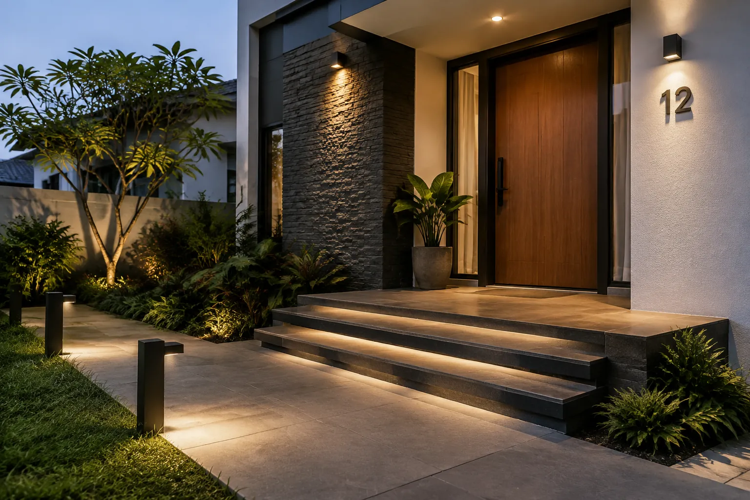 Tangga masuk rumah dengan lampu dinding dan taman yang diterangi