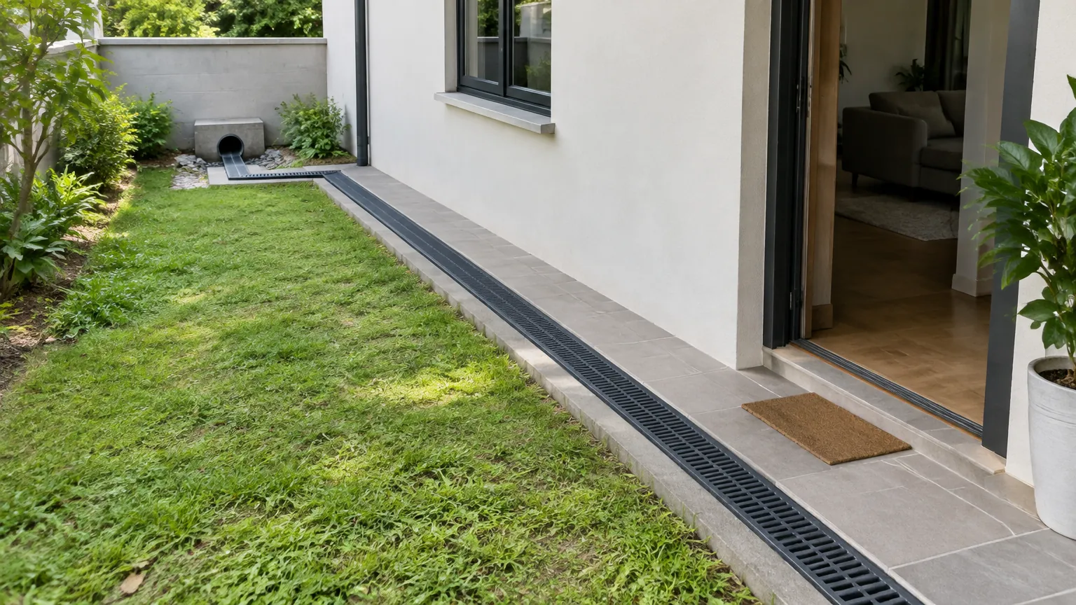 Saluran linier di sepanjang sisi rumah
