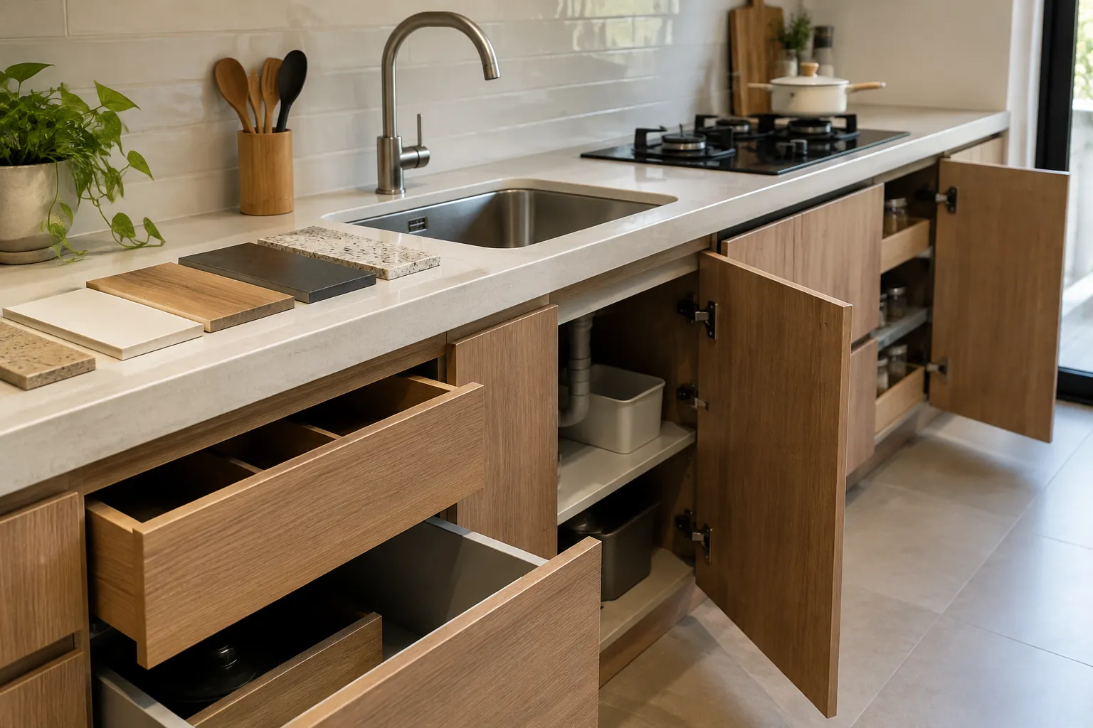 Sampel panel kabinet diletakkan di depan kitchen set
