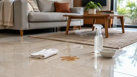 Cairan tumpah di lantai ruang tamu dekat sofa