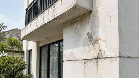 Fasad rumah dengan retak dan cat yang mengelupas