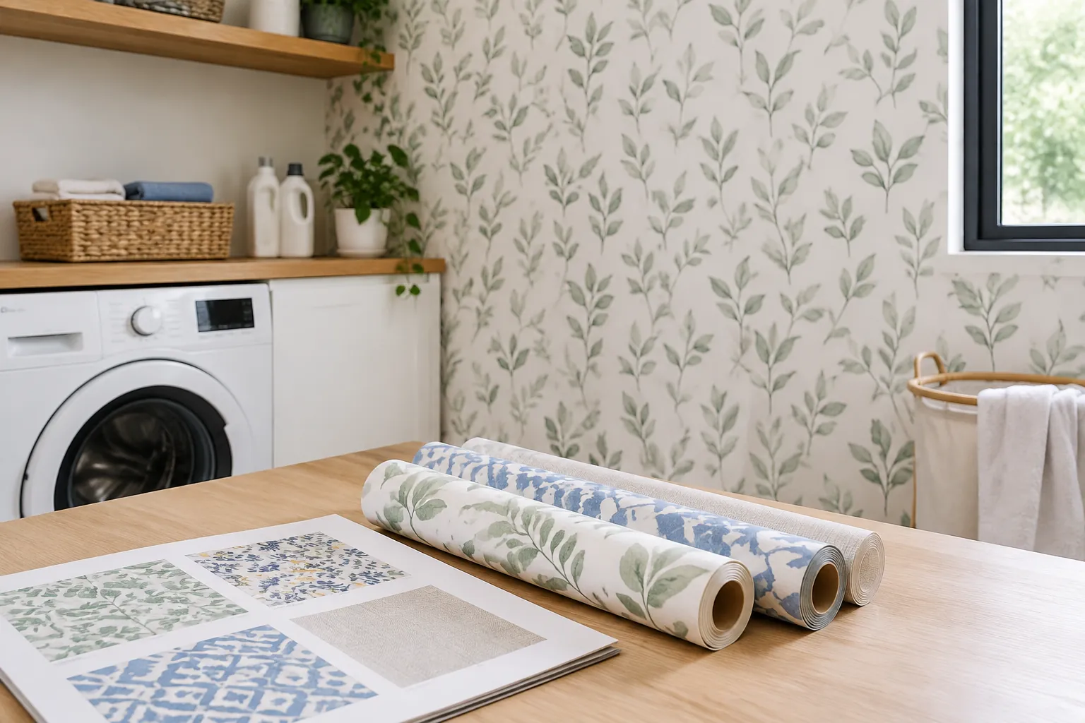 Gulungan wallpaper bermotif di ruang laundry
