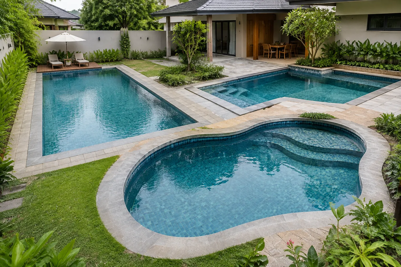 Dua kolam rumah dengan bentuk berbeda berada dalam taman yang sama