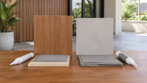 Sampel panel kayu dan pelapis di atas meja