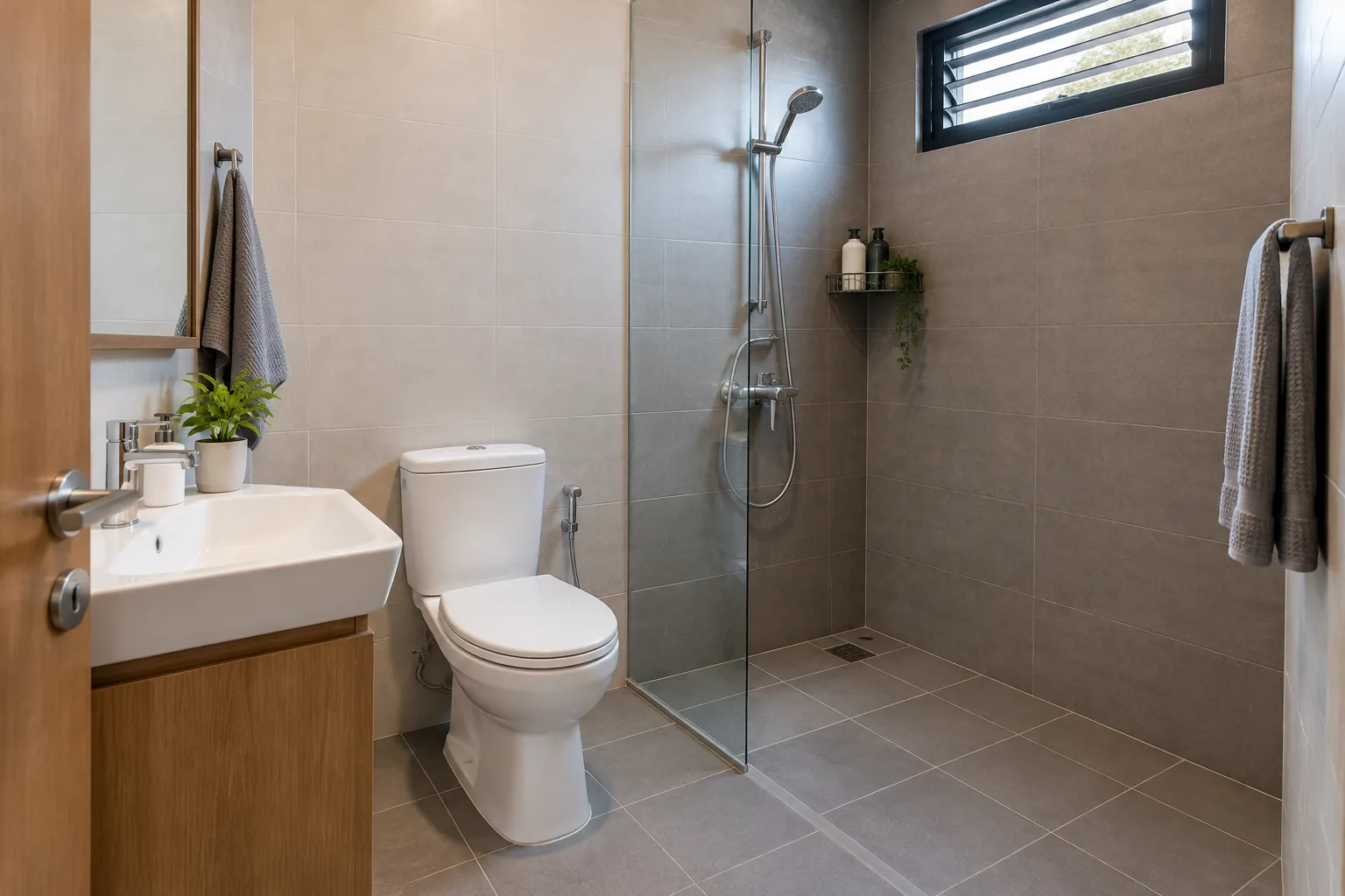 Kamar mandi memperlihatkan jarak antara wastafel, toilet, dan shower