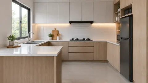 Kitchen set kayu terang dengan meja kerja