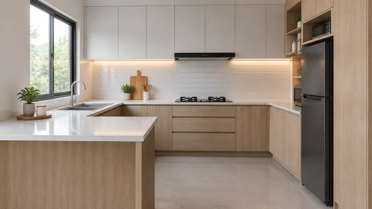 Kitchen set kayu terang dengan meja kerja