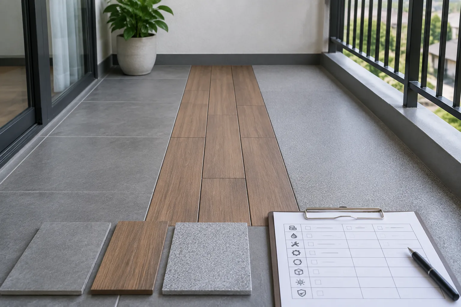 Contoh papan dan ubin lantai pada balkon