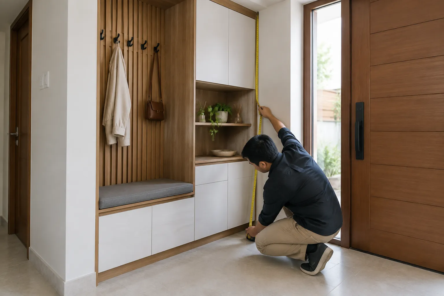 Seseorang memeriksa ukuran area kabinet foyer di dekat pintu