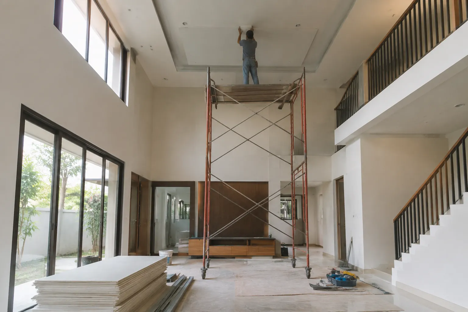 Perancah dipasang untuk pekerjaan plafon pada ruang dengan langit-langit tinggi
