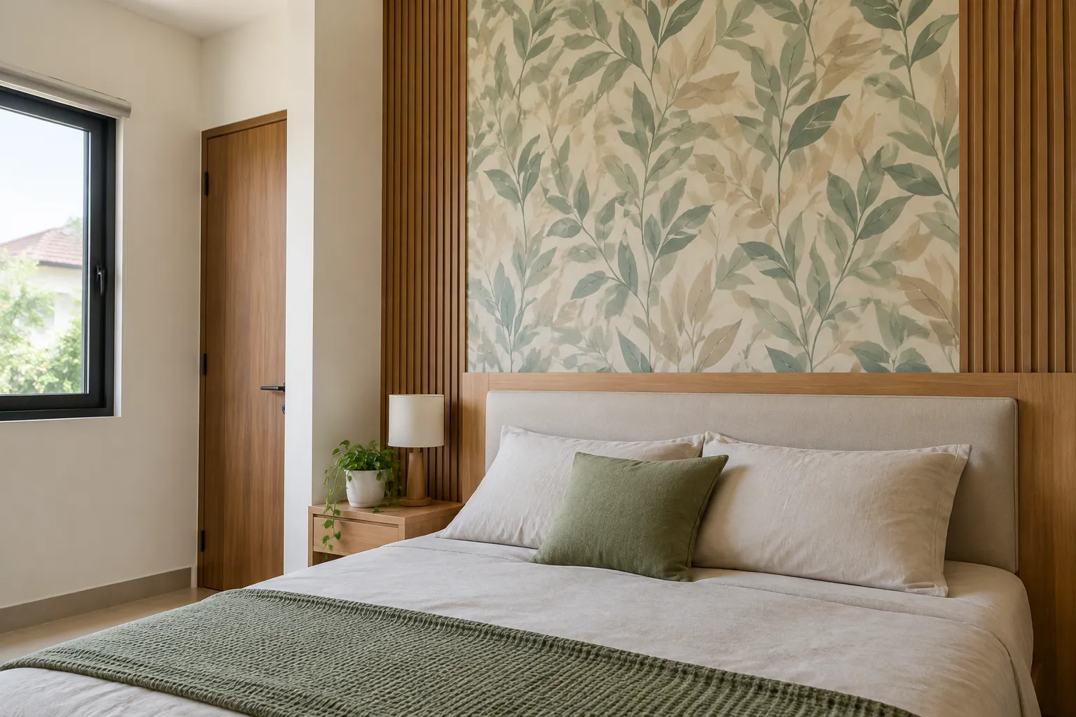 Motif daun pada dinding kamar tidur di belakang tempat tidur