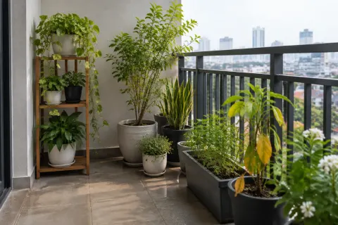 Berbagai tanaman pot di balkon dengan pagar logam