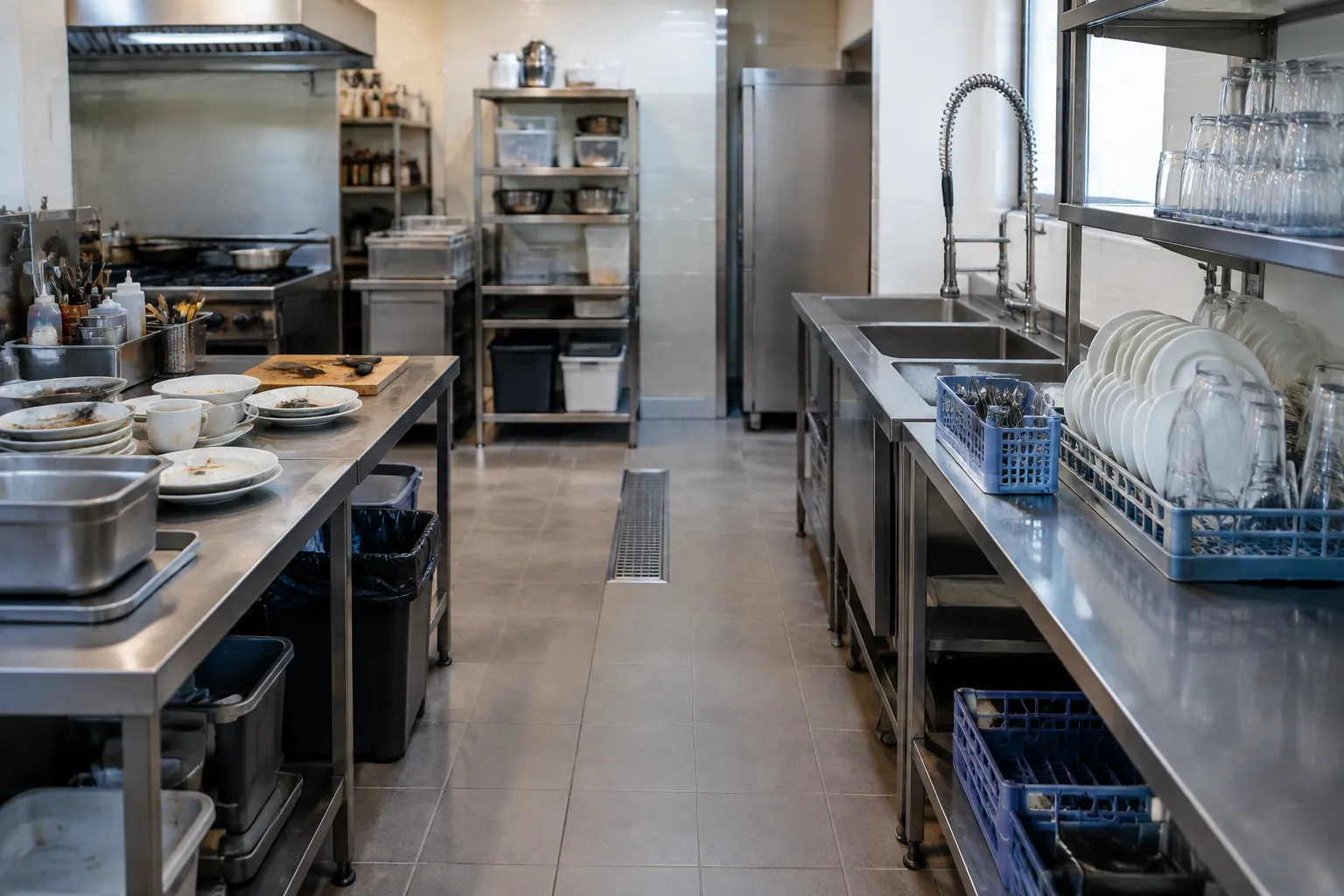 Area cuci dan persiapan pada dapur restoran