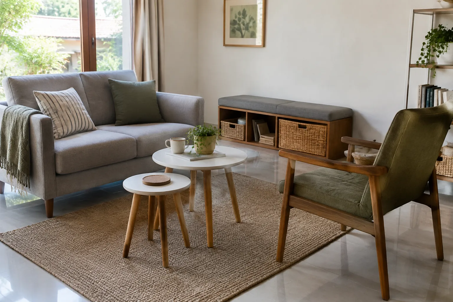 Sofa kecil, kursi kayu, dan meja bertingkat di ruang tamu