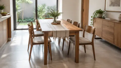 Ruang makan dengan meja kayu dan cahaya dari jendela