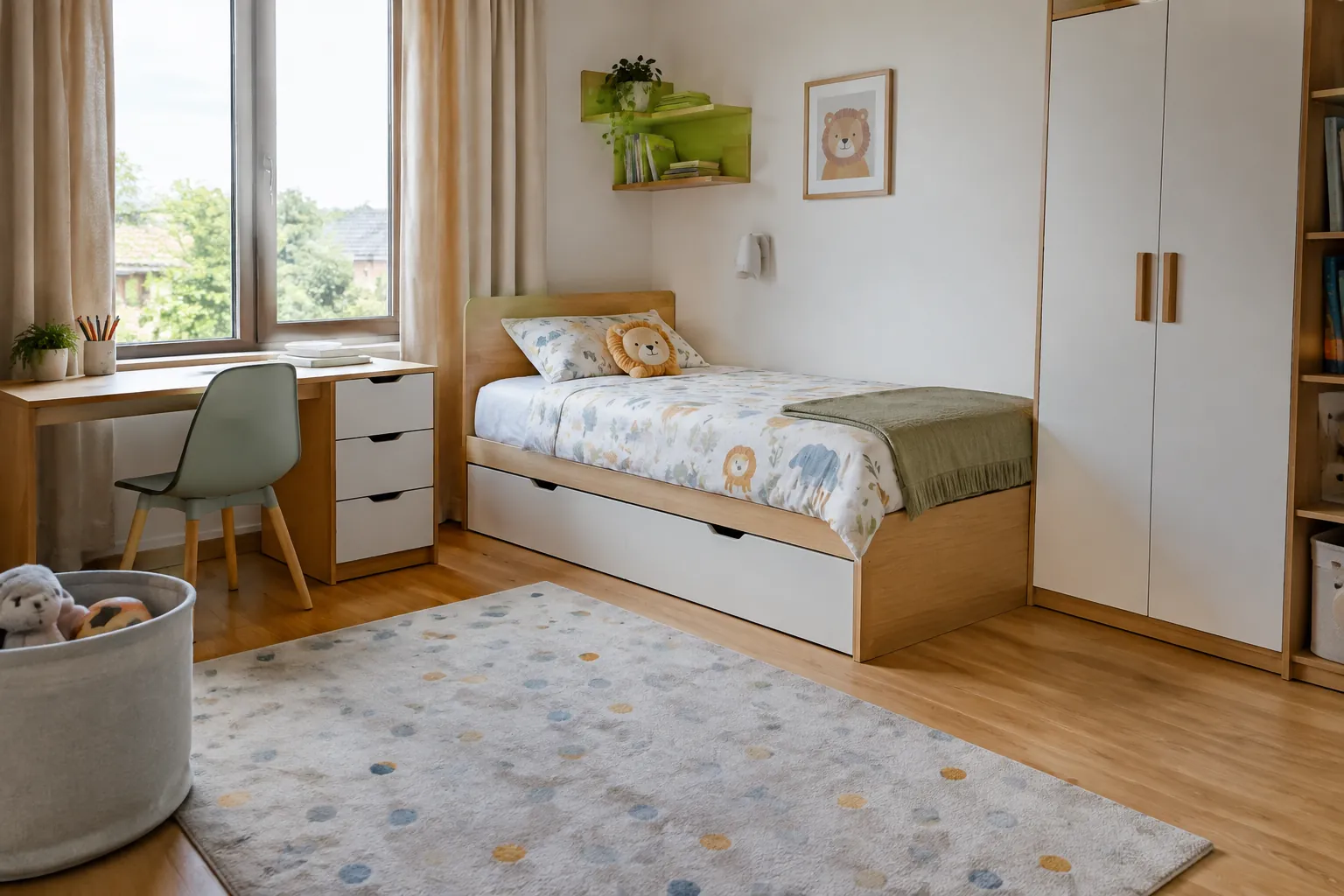 Kamar anak dengan tempat tidur, jendela, dan meja belajar.