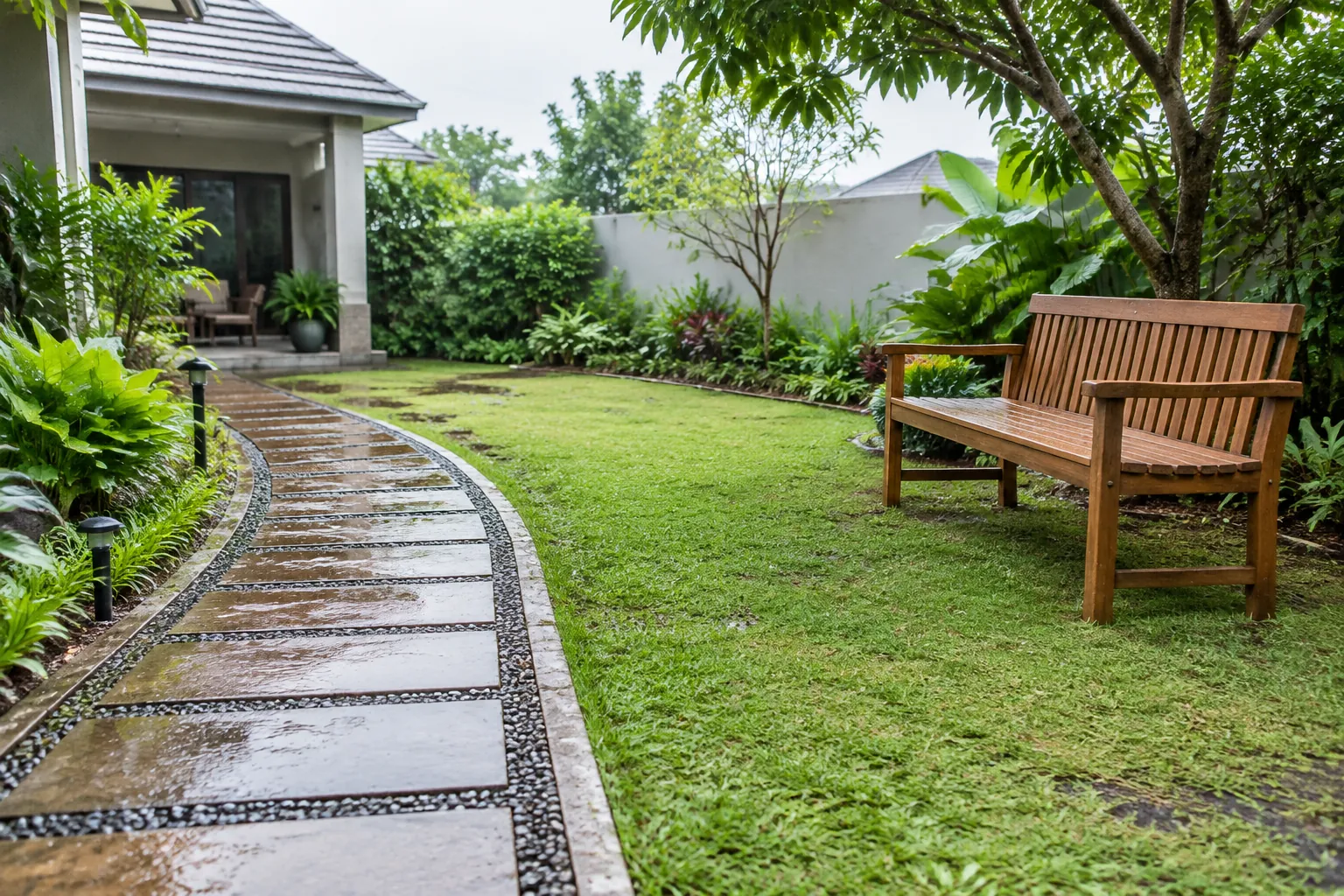 Jalur taman melengkung menuju bangku di dekat rumput
