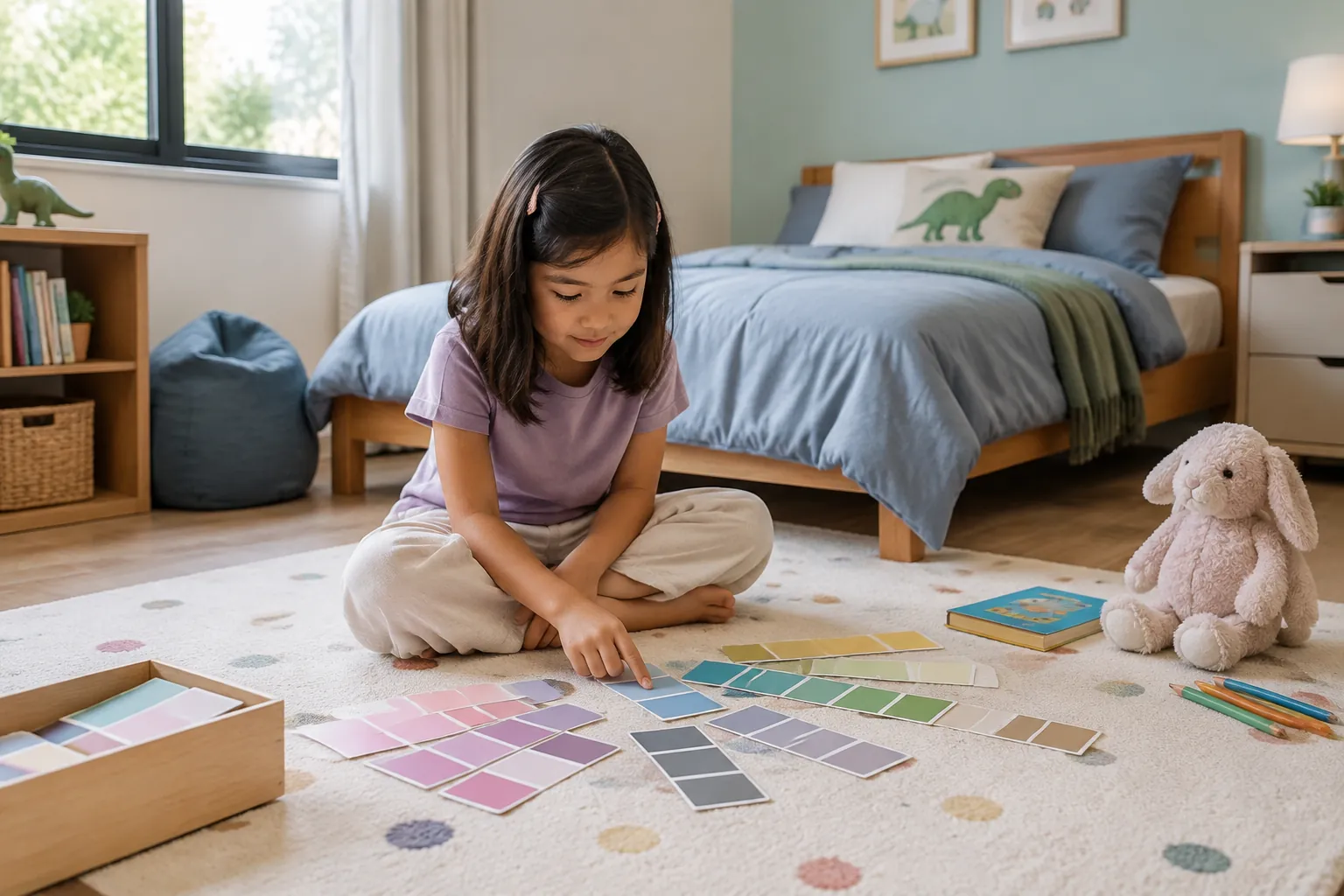 Anak memilih kartu warna di lantai kamar tidurnya