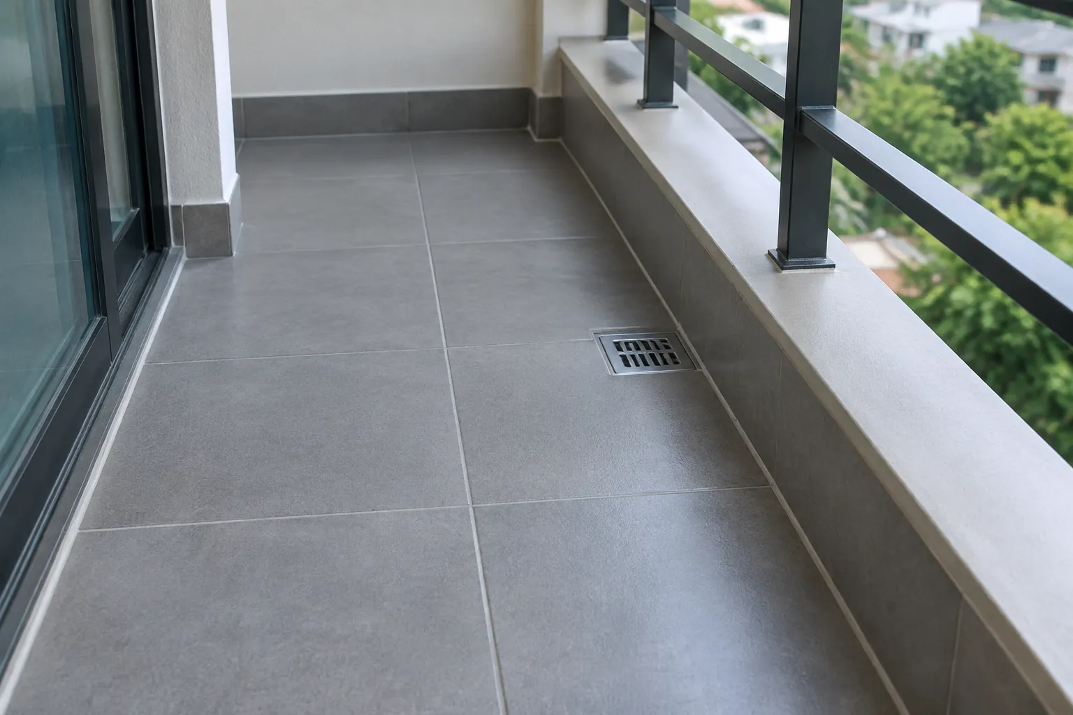 Lantai balkon dan saluran air di tepi railing