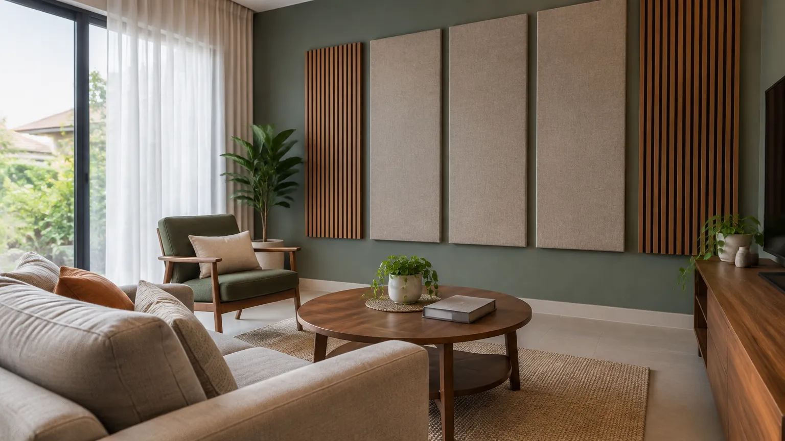 Panel berlapis kain pada dinding belakang sofa