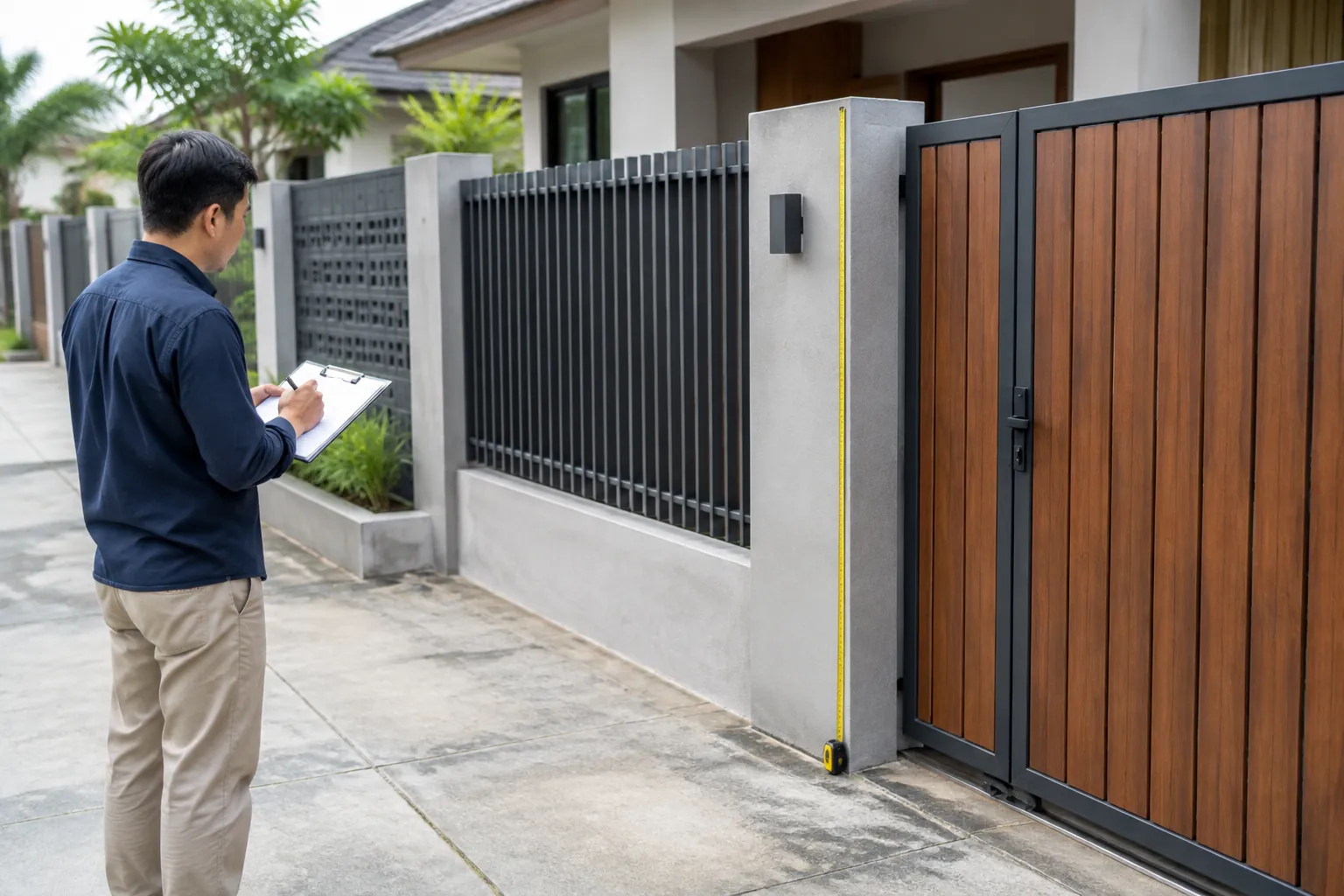 Orang menulis di depan pagar.
