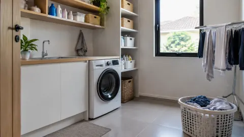 Ruang laundry dengan mesin cuci dan jemuran