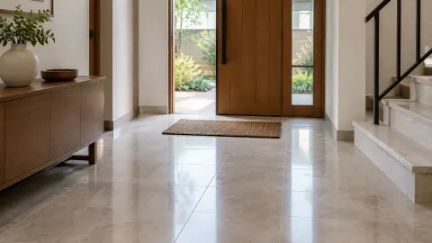 Foyer dengan lantai keramik dan pintu kayu