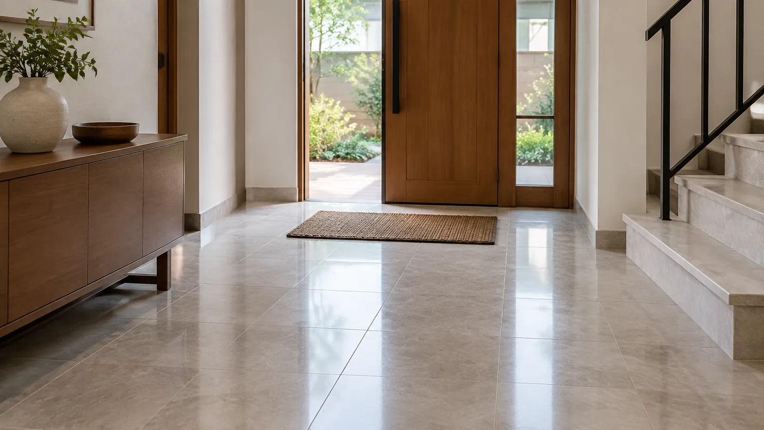 Foyer dengan lantai keramik dan pintu kayu